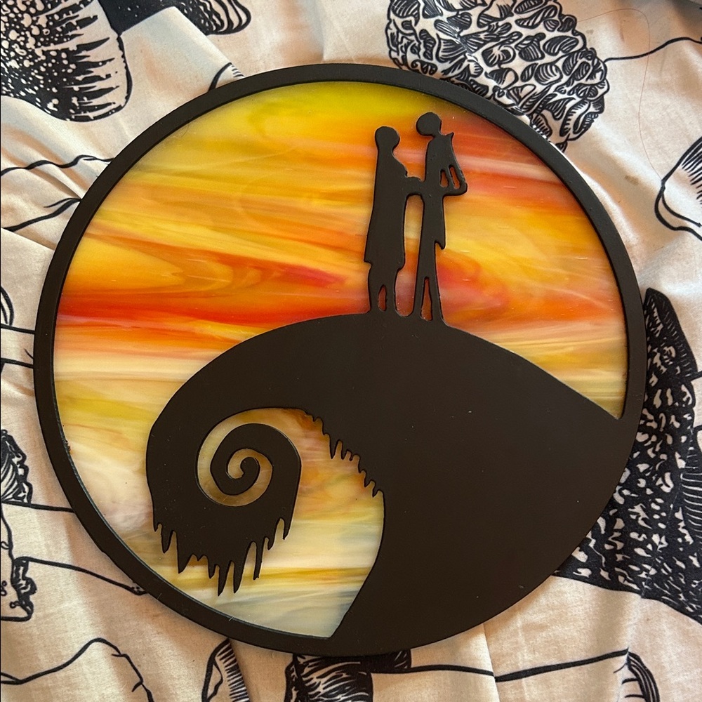 Silhouette of Jack and Sally, stained glass background